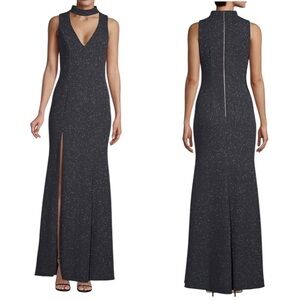 NWT Betsy & Adam V Neck Choker Glitter Long Dress Gown Black Size 12